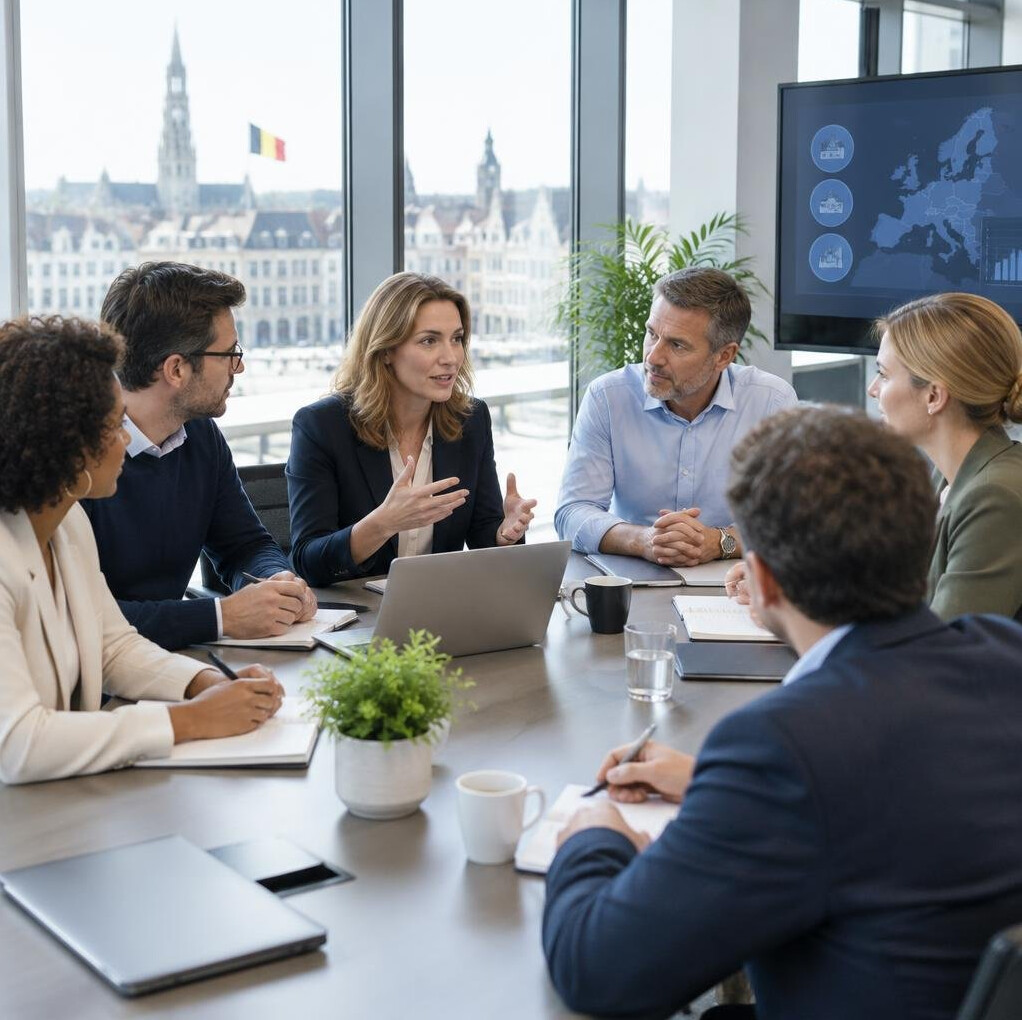 Diverse business professionals discussing operations around a table